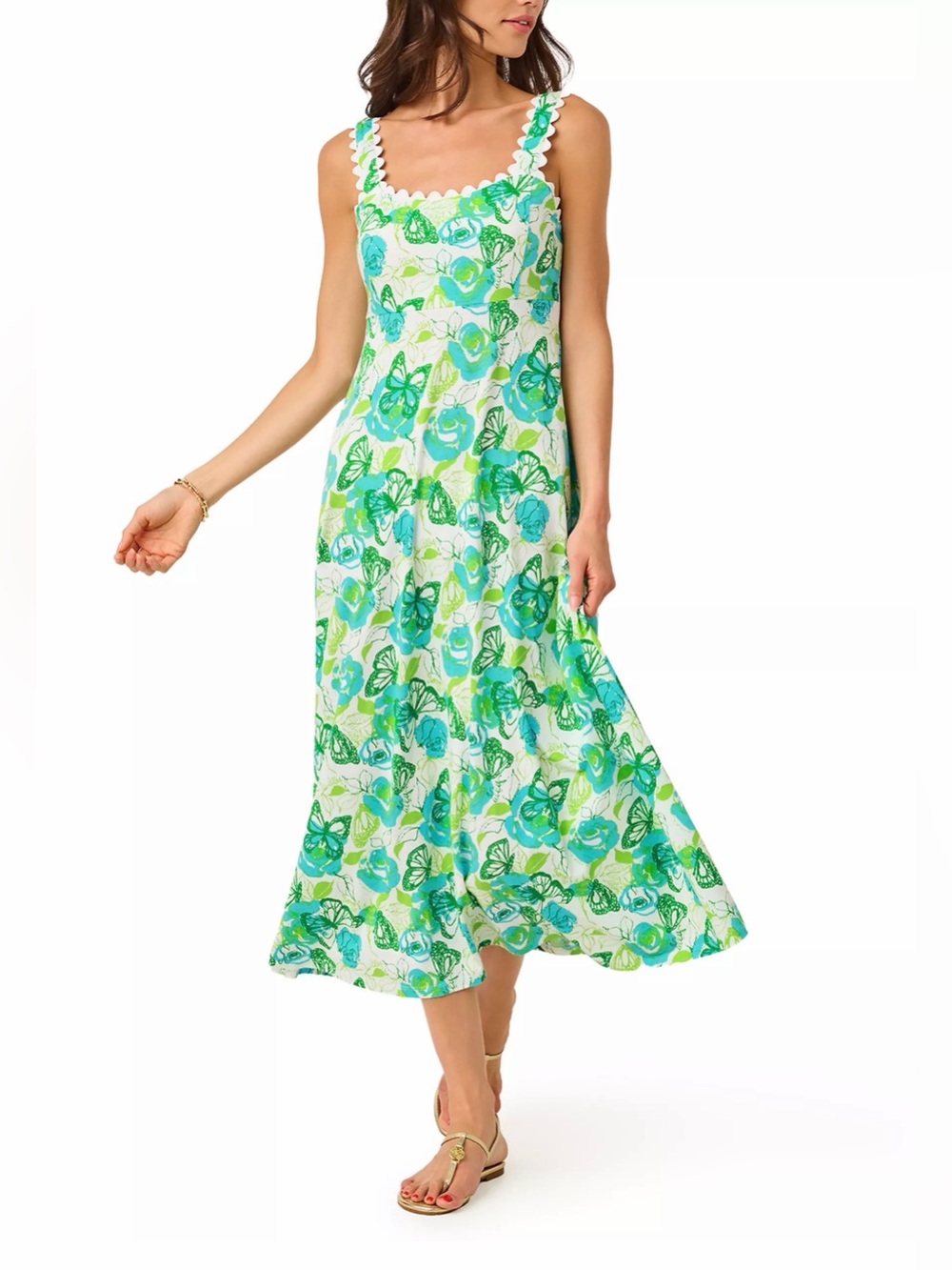 Lilly Pulitzer Dwyer Midi Dress Green Blue Butterfly Floral